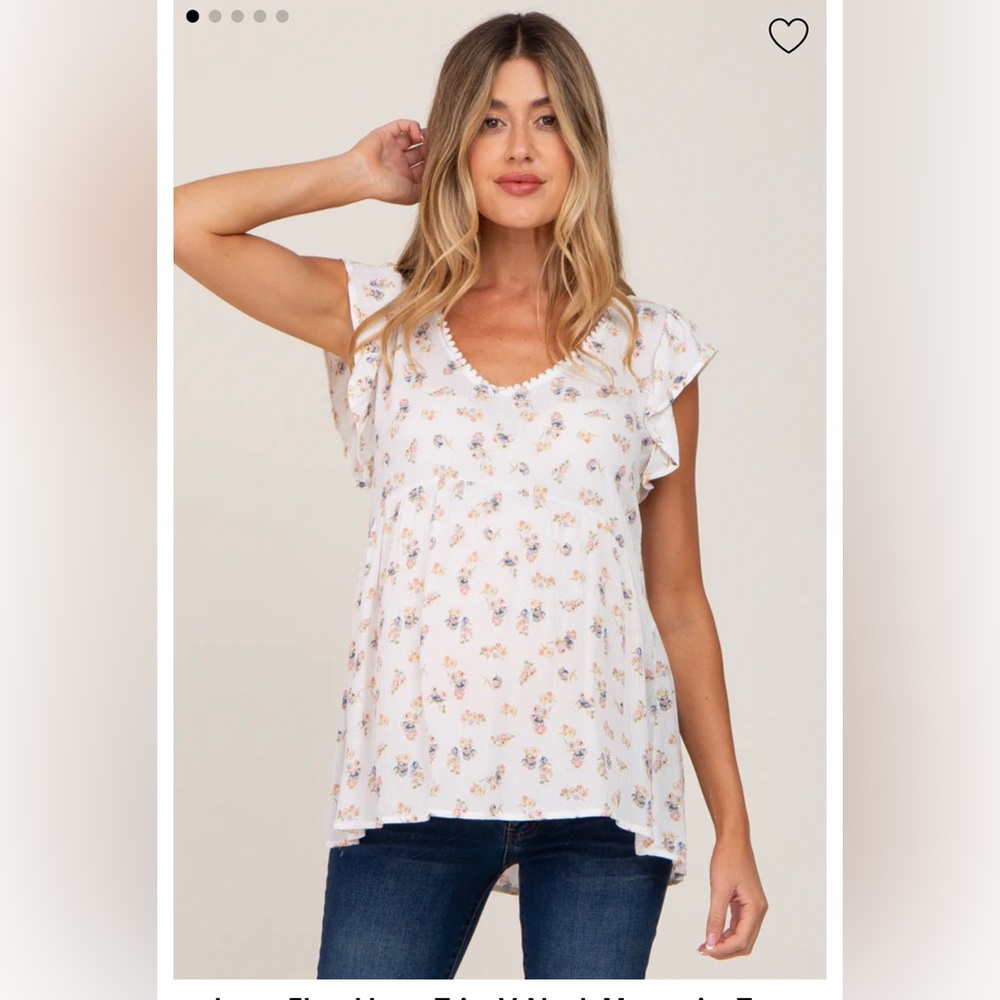 Ivory Floral Lace Trim V-Neck Maternity Top
